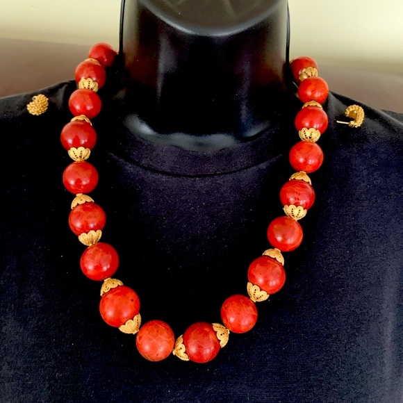 Large size red real Coral balls Necklace & Gold tone real silver Earrings 3 Pc - Picture 2 of 16